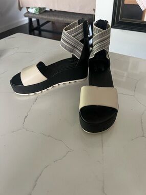 Sorel Black and Cream Platform Wedge Sandals with Striped Ankle Wrap